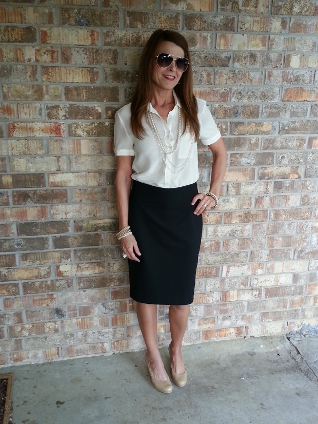Pencil Skirts, Blouse, Pearls & Nude Pumps