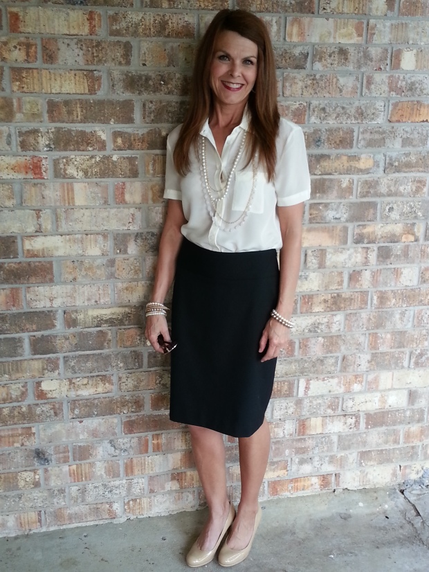Pencil Skirt, Blouse, Pearls & Nude Pumps